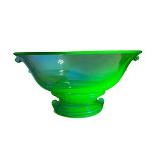 MCM Oblong Green Uranium Large Pedestal Bowl with Handles 10.5" x 8.5"